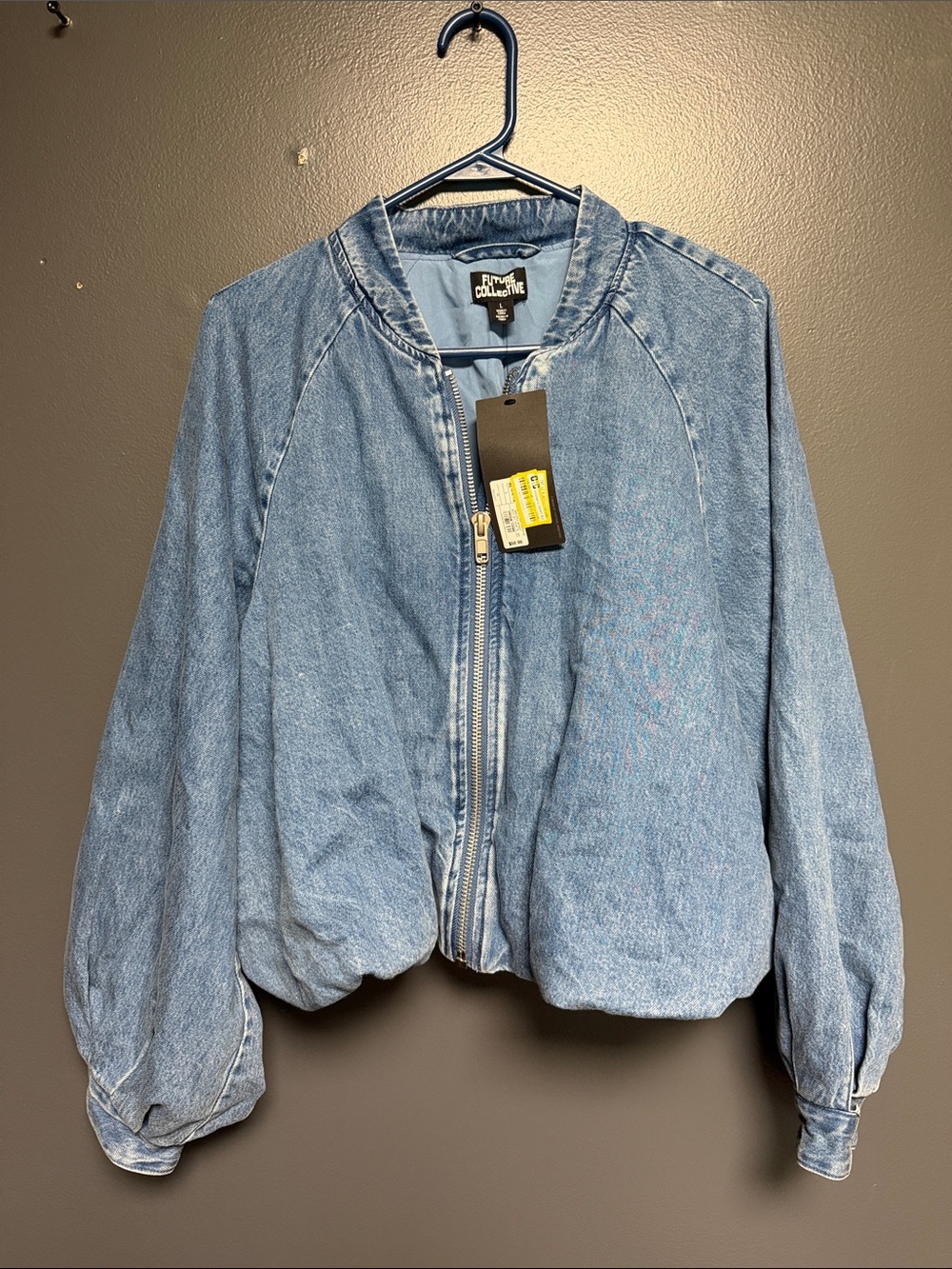 NWT Future Collective zip-up denim bubble bomber jacket, voluminous puff sleeve